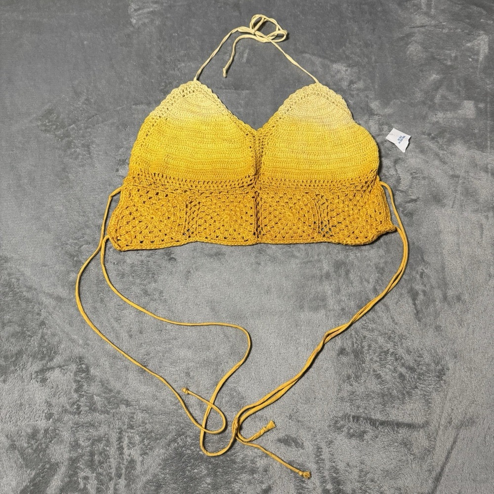 VTG 90s NWT Crochet Halter Top‎ VOICE Ombre yellow orange Womens Size L